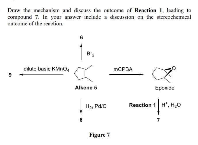 Draw the mechanism and discuss the outcome of Reaction 1, leading to
compound 7. In your answer include a discussion on the stereochemical
outcome of the reaction.
9
dilute basic KMnO4
6
Br₂
Alkene 5
8
H₂, Pd/C
Figure 7
mCPBA
Epoxide
Reaction 1 H*, H₂O
7