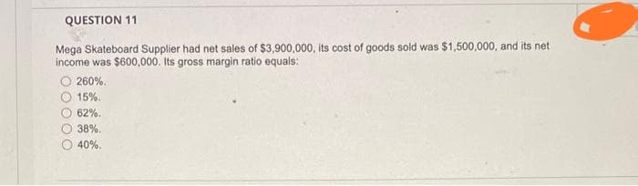 QUESTION 11
Mega Skateboard Supplier had net sales of $3,900,000, its cost of goods sold was $1,500,000, and its net
income was $600,000. Its gross margin ratio equals:
260%.
15%.
62%.
38%.
40%,
