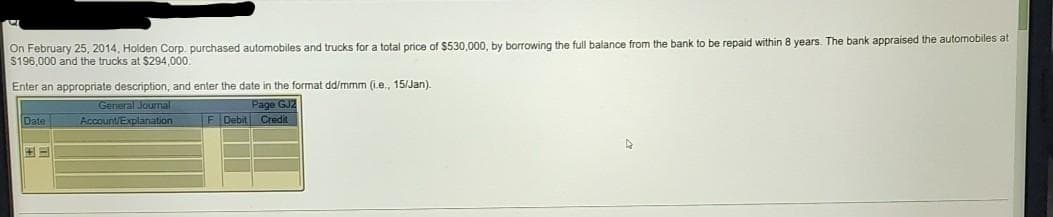 On February 25, 2014, Holden Corp. purchased automobiles and trucks for a total price of $530,000, by borrowing the full balance from the bank to be repaid within 8 years. The bank appraised the automobiles at
S196,000 and the trucks at $294,000.
Enter an appropriate description, and enter the date in the format dd/mmm (i.e., 15/Jan).
General Journal
Page GJ2
F Debit Credit
Date
Account/Explanation
