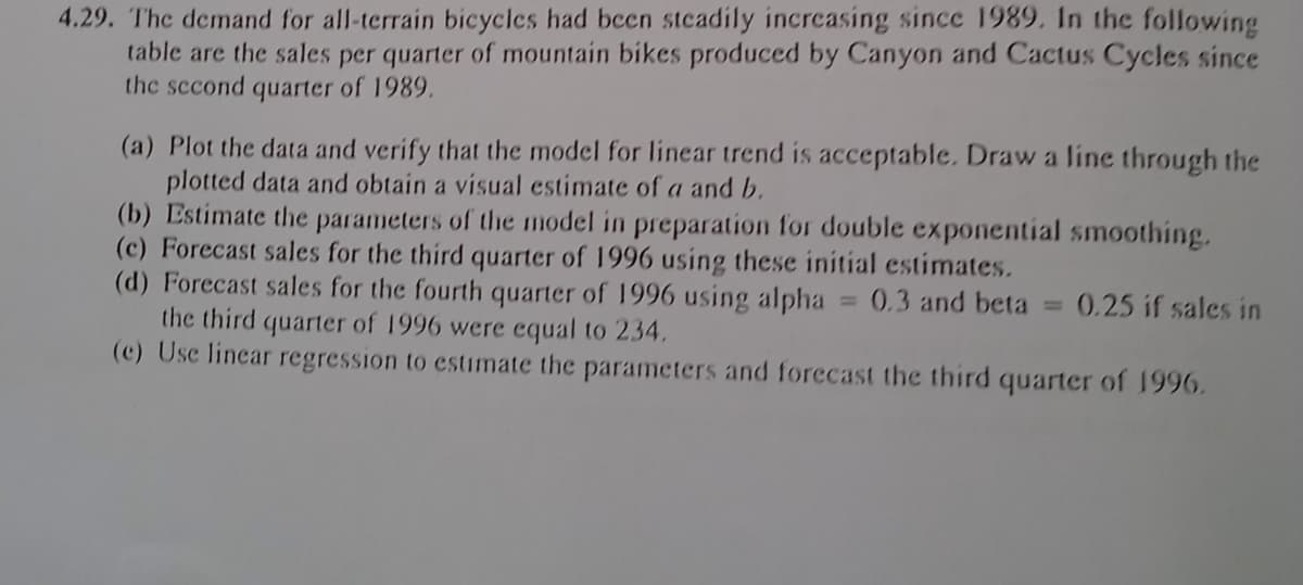 4.29. The demand for all-terrain bicycles had been steadily increasing since 1989. In the following
table are the sales per quarter of mountain bikes produced by Canyon and Cactus Cycles since
the second quarter of 1989.
(a) Plot the data and verify that the model for linear trend is acceptable. Draw a line through the
plotted data and obtain a visual estimate of a and b.
(b) Estimate the parameters of the model in preparation for double exponential smoothing.
(c) Forecast sales for the third quarter of 1996 using these initial estimates.
(d) Forecast sales for the fourth quarter of 1996 using alpha 0.3 and beta = 0.25 if sales in
the third quarter of 1996 were equal to 234.
(e) Use linear regression to estimate the parameters and forecast the third quarter of 1996.