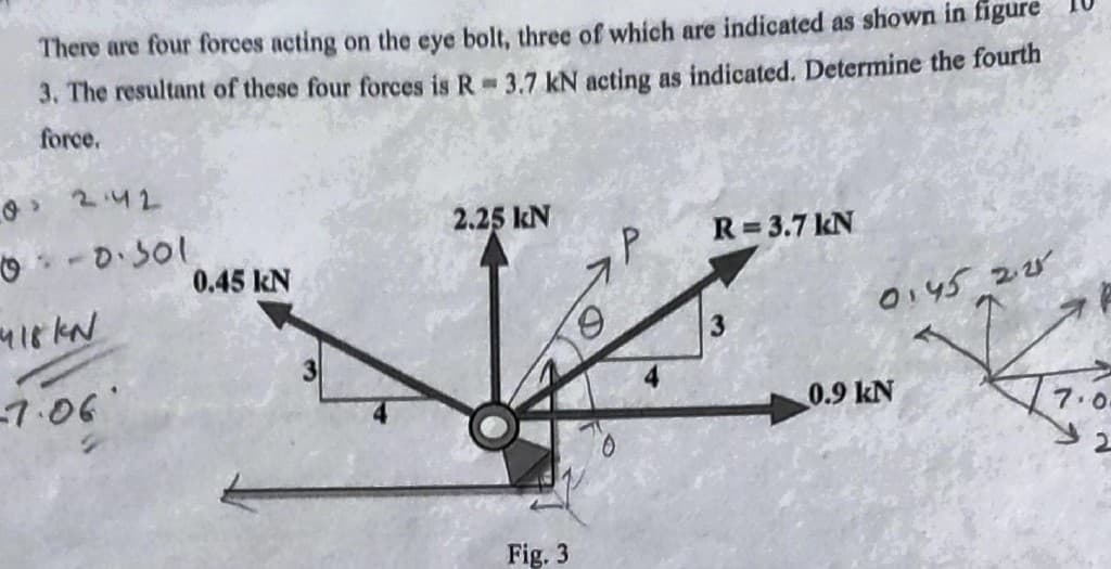 There are four forces acting on the eye bolt, three of which are indicated as shown in figure
3. The resultant of these four forces is R-3.7 kN acting as indicated. Determine the fourth
force.
0 2.42
0-0.301
418 KN
-7.06
0.45 KN
2.25 kN
Fig. 3
R=3.7 kN
3
0:45 2017
0.9 kN
7.0