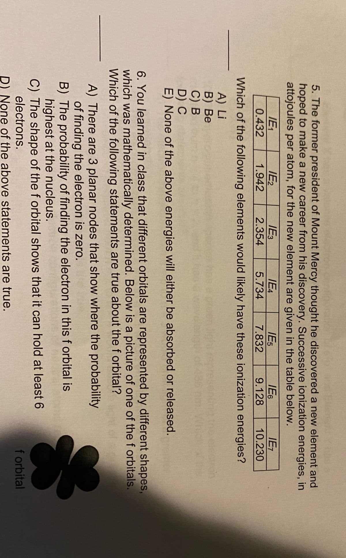 5. The former president of Mount Mercy thought he discovered a new element and
hoped to make a new career from his discovery. Successive ionization energies, in
attojoules per atom, for the new element are given in the table below.
IE1
IE2
IE4
IE3
2.354
IE6
IET
IE5
7.832
0.432
1.942
5.734
9.128
10.230
Which of the following elements would likely have these ionization energies?
A) Li
B) Ве
C) В
D) C
E) None of the above energies will either be absorbed or released.
he
6. You learned in class that different orbitals are represented by different shapes,
which was mathematically determined. Below is a picture of one of the f orbitals.
Which of the following statements are true about the f orbital?
A) There are 3 planar nodes that show where the probability
of finding the electron is zero.
B) The probability of finding the electron in this f orbital is
highest at the nucleus.
C) The shape of the f orbital shows that it can hold at least 6
electrons.
f orbital
D) None of the above statements are true.
