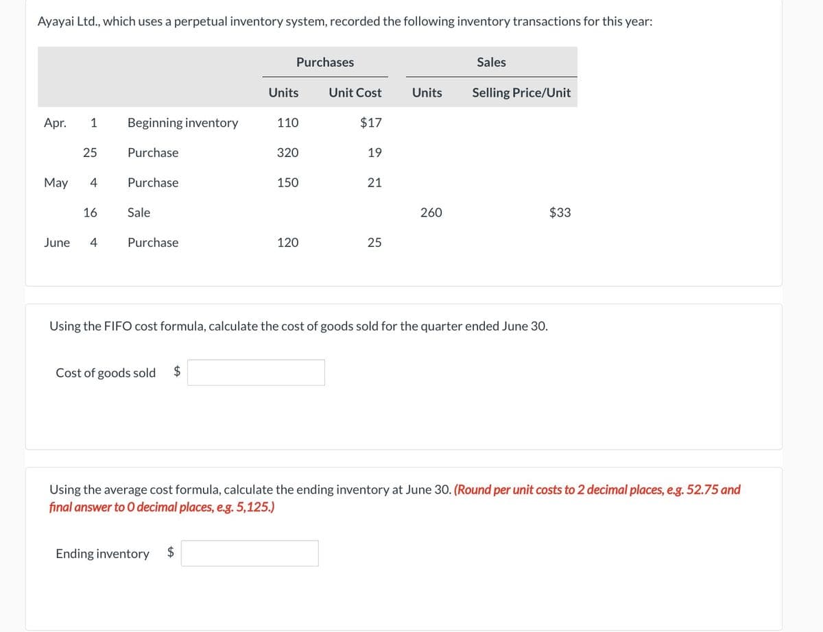 Ayayai Ltd., which uses a perpetual inventory system, recorded the following inventory transactions for this year:
Apr. 1 Beginning inventory
25
May 4
16
June 4
Purchase
Purchase
Sale
Purchase
Cost of goods sold $
Purchases
Units
Ending inventory
110
320
150
120
Unit Cost
$17
19
21
25
Units
260
Sales
Using the FIFO cost formula, calculate the cost of goods sold for the quarter ended June 30.
Selling Price/Unit
$33
Using the average cost formula, calculate the ending inventory at June 30. (Round per unit costs to 2 decimal places, e.g. 52.75 and
final answer to O decimal places, e.g. 5,125.)