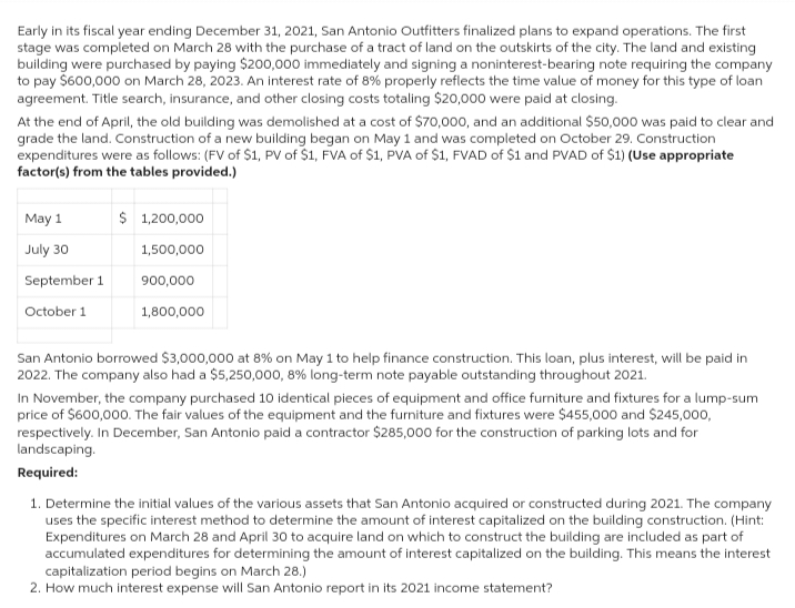 Early in its fiscal year ending December 31, 2021, San Antonio Outfitters finalized plans to expand operations. The first
stage was completed on March 28 with the purchase of a tract of land on the outskirts of the city. The land and existing
building were purchased by paying $200,000 immediately and signing a noninterest-bearing note requiring the company
to pay $600,000 on March 28, 2023. An interest rate of 8% properly reflects the time value of money for this type of loan
agreement. Title search, insurance, and other closing costs totaling $20,000 were paid at closing.
At the end of April, the old building was demolished at a cost of $70,000, and an additional $50,000 was paid to clear and
grade the land. Construction of a new building began on May 1 and was completed on October 29. Construction
expenditures were as follows: (FV of $1, PV of $1, FVA of $1, PVA of $1, FVAD of $1 and PVAD of $1) (Use appropriate
factor(s) from the tables provided.)
May 1
$ 1,200,000
July 30
1,500,000
September 1
October 1
900,000
1,800,000
San Antonio borrowed $3,000,000 at 8% on May 1 to help finance construction. This loan, plus interest, will be paid in
2022. The company also had a $5,250,000, 8% long-term note payable outstanding throughout 2021.
In November, the company purchased 10 identical pieces of equipment and office furniture and fixtures for a lump-sum
price of $600,000. The fair values of the equipment and the furniture and fixtures were $455,000 and $245,000,
respectively. In December, San Antonio paid a contractor $285,000 for the construction of parking lots and for
landscaping.
Required:
1. Determine the initial values of the various assets that San Antonio acquired or constructed during 2021. The company
uses the specific interest method to determine the amount of interest capitalized on the building construction. (Hint:
Expenditures on March 28 and April 30 to acquire land on which to construct the building are included as part of
accumulated expenditures for determining the amount of interest capitalized on the building. This means the interest
capitalization period begins on March 28.)
2. How much interest expense will San Antonio report in its 2021 income statement?