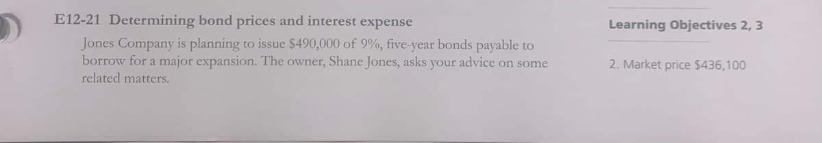 E12-21 Determining bond prices and interest expense
Learning Objectives 2, 3
Jones Company is planning to issue $490,000 of 9%, five-year bonds payable to
borrow for a major expansion. The owner, Shane Jones, asks your advice on some
related matters.
2. Market price $436,100
