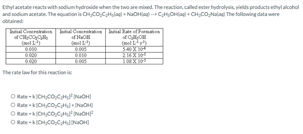 Ethyl
acetate reacts with sodium hydroxide when the two are mixed. The reaction, called ester hydrolysis, yields products ethyl alcohol
and sodium acetate. The equation is CH3CO₂C₂H5(aq) + NaOH(aq) --> C₂H5OH(aq) + CH3CO₂Na(aq) The following data were
obtained:
Initial Concentration
of CH3CO₂C₂Hs
(mol L-¹)
Initial Concentration
of NaOH
(mol L-¹)
0.005
0.010
0.005
0.010
0.020
0.020
The rate law for this reaction is:
O Rate-k[CH3CO₂C₂H5]²[NaOH]
O Rate-k[CH3CO₂C₂H5] + [NaOH]
O Rate-k[CH3CO₂C₂H5]²[NaOH)²
O Rate-k[CH3CO₂C₂H5] [NaOH]
Initial Rate of Formation
of C₂H5OH
(mol L-1¹)
5.40 x 10-6
2.16 x 10-5
1.08 X 105