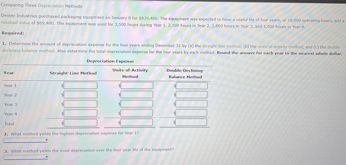 Comparing Three Depreciation Methods
Dexter Industries purchased packaging equipment on January 8 for $839,400. The equipment was expected to have a useful life of four years, or 10,000 operating hours, and a
residual value of $69,400. The equipment was used for 3,500 hours during Year 1, 2,100 hours in Year 2, 2,800 hours in Year 3, and 1,600 hours in Year 4.
Required:
1. Determine the amount of depreciation expense for the four years ending December 31 by (a) the straight-line method, (b) the units-of-activity method, and (c) the double-
declining-balance method. Also determine the total depreciation expense for the four years by each method. Round the answer for each year to the nearest whole dollar.
Depreciation Expense
Year
Year 1
Year 2
Year 3
Year 4
Total
Straight-Line Method
LA
LA
LA
Units-of-Activity
Method
2. What method yields the highest depreciation expense for Year 1?
Double-Declining-
Balance Method
A
LA LA
3. What method yields the most depreciation over the four-year life of the equipment?