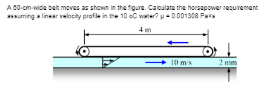 A 60-cm-wide belt moves as shown in the figure. Calculate the horsepower requirement
assuming a linear velocity profile in the 10 oC water? μ = 0.001308 Paxs
4 m
10 m/s
2 mm