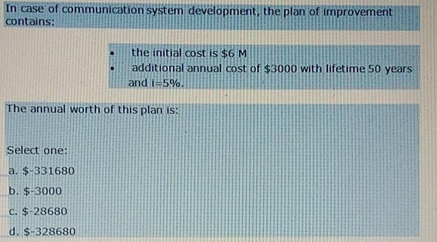 In case of communication system development, the plan of improvement
contains:
the initial cost is $6 M
additional annual cost of $3000 with lifetime 50 years
and i=5%.
The annual worth of this plan is:
Select one:
a. $-331680
b. $-3000
C. $-28680
d. $-328680
