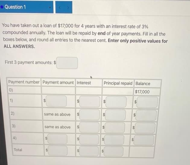 • Question 1
You have taken out a loan of $17,000 for 4 years with an interest rate of 3%
compounded annually. The loan will be repaid by end of year payments. Fill in all the
boxes below, and round all entries to the nearest cent. Enter only positive values for
ALL ANSWERS.
First 3 payment amounts: $
Payment number Payment amount Interest
Principal repaid Balance
0)
$17,000
1)
$4
2)
same as above
3)
same as above
4)
%$4
Total
%24
%24
%24
%24
%24
%24
%24
%24
%24
%24
%24
%24
%24
%24
%24
%24
%24
