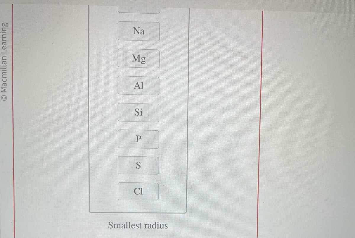 O Macmillan Learning
Na
Mg
Al
Si
P
S
Cl
Smallest radius