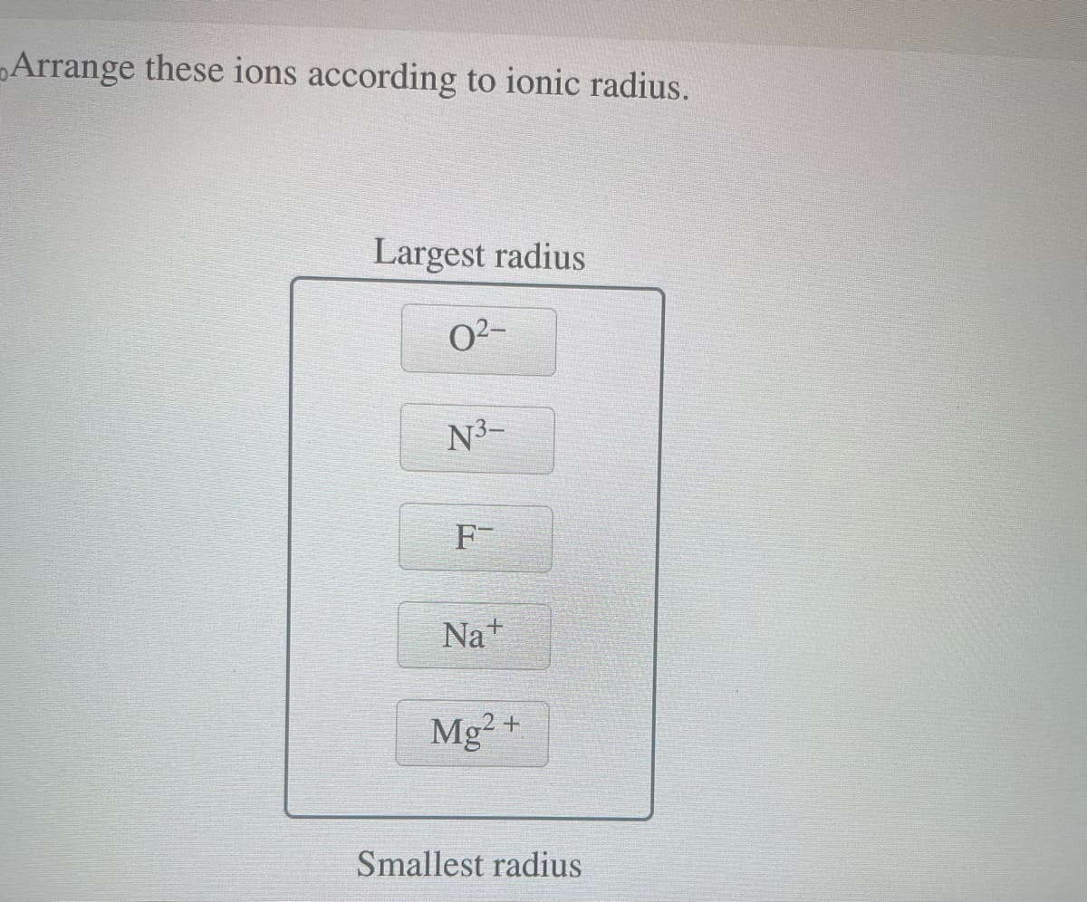 Arrange these ions according to ionic radius.
Largest radius
0²-
N³-
F
Nat
Mg²+
Smallest radius