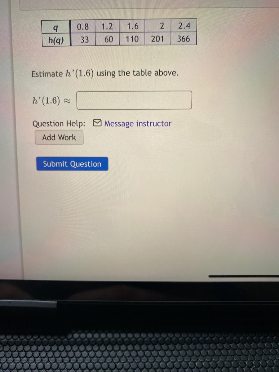 0.8
1.2
1.6
2.4
h(q)
33
60
110
201
366
Estimate h'(1.6) using the table above.
h'(1.6)
Question Help: Message instructor
Add Work
Submit Question
