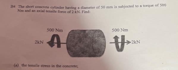 B4 The short concrete cylinder having a diameter of 50 mm is subjected to a torque of 500
Nm and an axial tensile force of 2 kN. Find:
500 Nm
500 Nm
A
2kN
2kN
(a) the tensile stress in the concrete;
