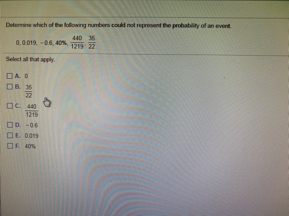 Determine which of the following numbers could not represent the probability of an event.
440 35
1219 22
0,0.019, - 0.6, 40%,
Select all that apply.
OA. 0
B. 35
22
O C. 440
1219
O D. -0.6
E. 0.019
F. 40%
