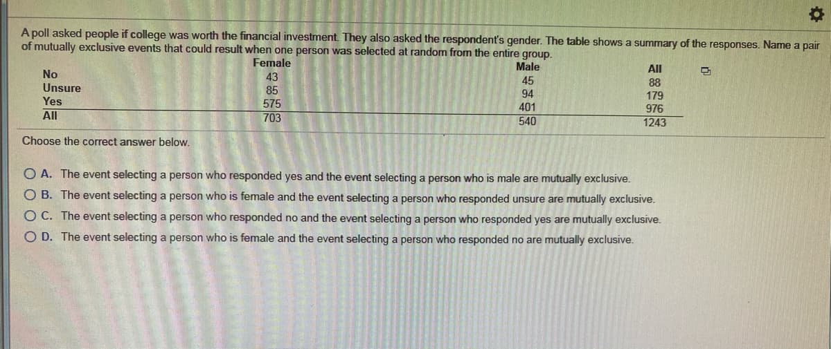 A poll asked people if college was worth the financial investment They also asked the respondent's gender. The table shows a summary of the responses. Name a pair
of mutually exclusive events that could result when one person was selected at random from the entire group.
Female
Male
All
No
43
45
88
Unsure
85
94
401
540
179
Yes
575
976
All
703
1243
Choose the correct answer below.
O A. The event selecting a person who responded yes and the event selecting a person who is male are mutually exclusive.
O B. The event selecting a person who is female and the event selecting a person who responded unsure are mutually exclusive.
O C. The event selecting a person who responded no and the event selecting a person who responded yes are mutually exclusive.
O D. The event selecting a person who is female and the event selecting a person who responded no are mutually exclusive.
