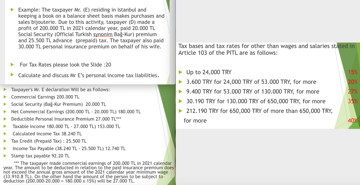 Example: The taxpayer Mr. (E) residing in Istanbul and
keeping a book on a balance sheet basis makes purchases and
sales bijouterie. Due to this activity, taxpayer (D) made a
profit of 200.000 TL in 2021 calendar year, paid 20.000 TL
Social Security (Official Turkish şynonim. Bağ-Kur) premium
and 25.500 TL advance (prepaid) tax. The taxpayer also paid
30.000 TL personal insurance premium on behalf of his wife.
Tax bases and tax rates for other than wages and salaries stated in
Article 103 of the PITL are as follows:
For Tax Rates please look the Slide :20
• Up to 24,000 TRY
15%
Calculate and discuss Mr E's personal income tax liabilities.
3.600 TRY for 24,000 TRY of 53.000 TRY, for more
20%
Taxpayer's Mr. E declaration Will be as Follows:
9.400 TRY for 53.000 TRY of 130.000 TRY, for more
27%
Commercial Earnings 200.000 TL
• 30.190 TRY for 130.000 TRY of 650,000 TRY, for more
35%
Social Security (Bağ-Kur Premium) 20.000 TL
Net Commercial Earnings (200.000 TL - 20.000 TL) 180.000 TL
• 212.190 TRY for 650,000 TRY of more than 650,000 TRY,
Deductible Personal Insurance Premium 27.000 TL
***
for more
40%
Taxable Income 180.000 TL - 27.000 TL) 153.000 TL
Calculated Income Tax 38.240 TL
Tax Credit (Prepaid Tax) : 25.500 TL
Income Tax Payable (38.240 TL - 25.500 TL) 12.740 TL
Stamp tax payable 92.20 TL
*** The taxpayer made commercial earnings of 200.000 TL in 2021 calendar
year. The amount to be deducted in relation to the paid insurance premium does
not exceed the annual gross amount of the 2021 calendar year minimum wage
(33.910.8 TL). On the other hand the amount of the person to be subject to
deduction (200.000-20.000 = 180.000 x 15%) will be 27.000 TL.
