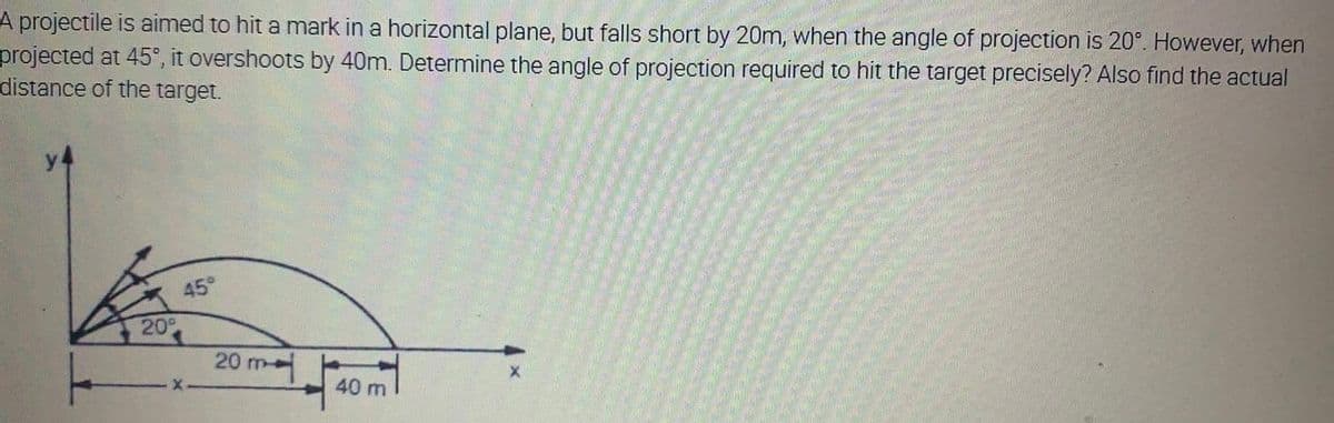 A projectile is aimed to hit a mark in a horizontal plane, but falls short by 20m, when the angle of projection is 20°. However, when
projected at 45°, it overshoots by 40m. Determine the angle of projection required to hit the target precisely? Also find the actual
distance of the target.
45°
20°
20 m
40 m

