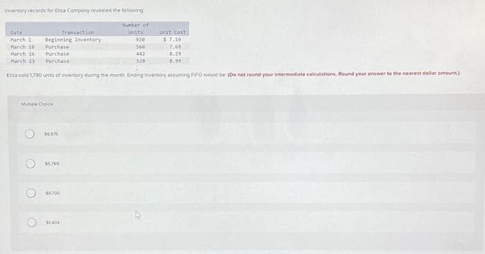 inventory records for Eliza Company revealed the following
Number of
Units
Date
Transaction
Unit Cost
March 1 Beginning Inventory
$7.19
March 10
7,69
Purchase
Purchase
March 16
8.29
March 23
Purchase
8.99
Eliza sold 1,790 units of inventory during the month Ending inventory assuming FIFO would be (Do not round your intermediate calculations. Round your answer to the nearest dollar amount.)
Multiple Choice
O
O
O
16615
$5.769
$8.700
$1404
920
560
442
528