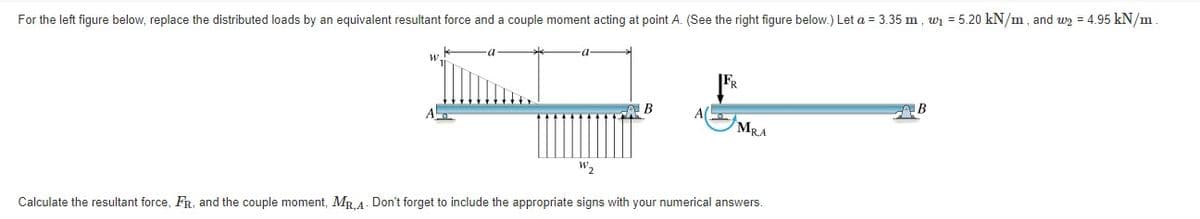 For the left figure below, replace the distributed loads by an equivalent resultant force and a couple moment acting at point A. (See the right figure below.) Let a = 3.35 m , w1 = 5.20 kN/m , and w2 = 4.95 kN/m
W.
B
B
MRA
W2
Calculate the resultant force, FR, and the couple moment, MR,A. Don't forget to include the appropriate signs with your numerical answers.
