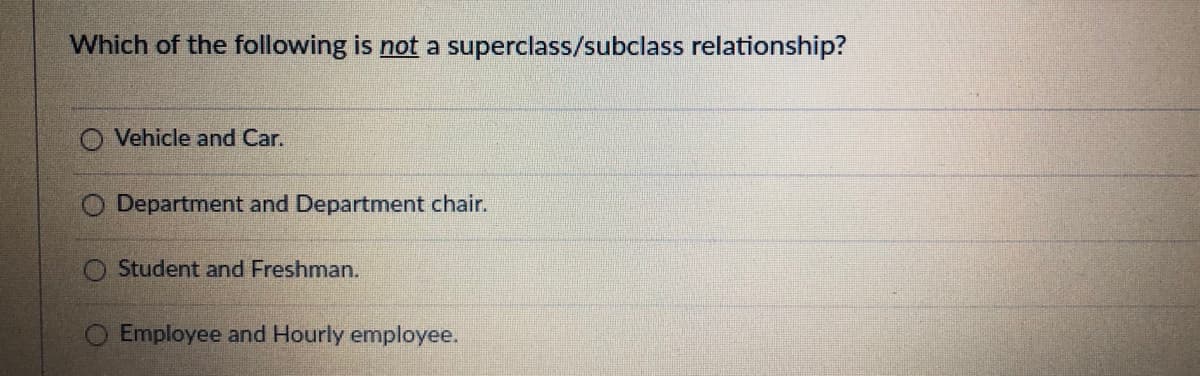 Which of the following is not a superclass/subclass relationship?
O Vehicle and Car.
O Department and Department chair.
Student and Freshman.
Employee and Hourly employee.
