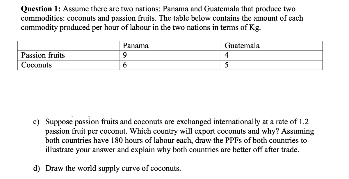 Question 1: Assume there are two nations: Panama and Guatemala that produce two
commodities: coconuts and passion fruits. The table below contains the amount of each
commodity produced per hour of labour in the two nations in terms of Kg.
Panama
Guatemala
Passion fruits
9
4
Соconuts
6.
c) Suppose passion fruits and coconuts are exchanged internationally at a rate of 1.2
passion fruit per coconut. Which country will export coconuts and why? Assuming
both countries have 180 hours of labour each, draw the PPFS of both countries to
your answer and explain why both countries are better off after trade.
illustrate
d) Draw the world supply curve of coconuts.
