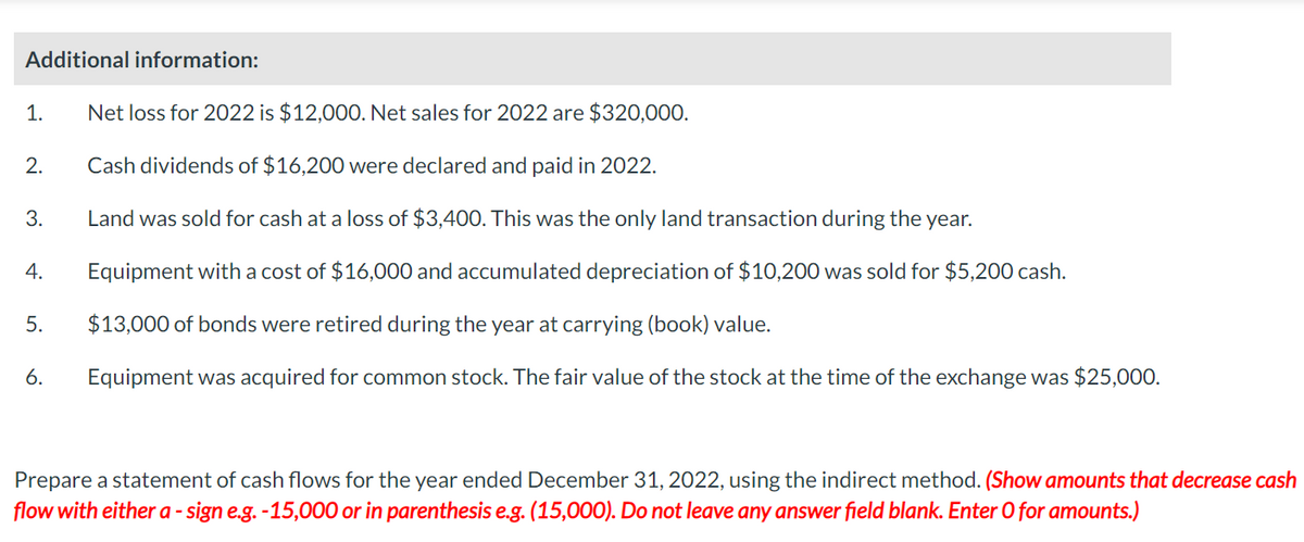 Additional information:
1.
2.
3.
4.
5.
6.
Net loss for 2022 is $12,000. Net sales for 2022 are $320,000.
Cash dividends of $16,200 were declared and paid in 2022.
Land was sold for cash at a loss of $3,400. This was the only land transaction during the year.
Equipment with a cost of $16,000 and accumulated depreciation of $10,200 was sold for $5,200 cash.
$13,000 of bonds were retired during the year at carrying (book) value.
Equipment was acquired for common stock. The fair value of the stock at the time of the exchange was $25,000.
Prepare a statement of cash flows for the year ended December 31, 2022, using the indirect method. (Show amounts that decrease cash
flow with either a - sign e.g. -15,000 or in parenthesis e.g. (15,000). Do not leave any answer field blank. Enter O for amounts.)