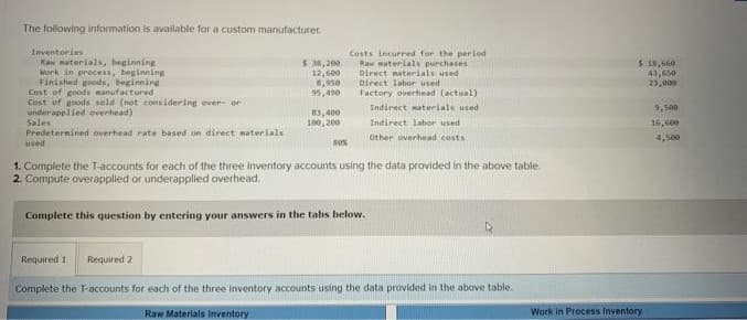 The following information is available for a custom manufacturer.
Inventories
Kaw materials, beginning
Work in process, beginning
Finished goods, beginning
Cost of goods manufactured
Cost of goods seld (not considering over or
underapplied overhead)
Sales
Predetermined overhead rate based on direct materials
used
$ 38,200
12,600
8,950
95,490
83,400
100,200
80%
Costs incurred for the period
Raw materials purchases
Direct materials used
Direct labor used
Factory overhead (actual)
Indirect materials used
Indirect laber used
Other overhead costs.
1. Complete the T-accounts for each of the three inventory accounts using the data provided in the above table.
2. Compute overapplied or underapplied overhead.
Complete this question by entering your answers in the tabs below.
Required 1 Required 2
Complete the T-accounts for each of the three inventory accounts using the data provided in the above table.
Raw Materials inventory
$ 18,660
43,650
23,000
Work in Process Inventory
9,500
16,600
4,500