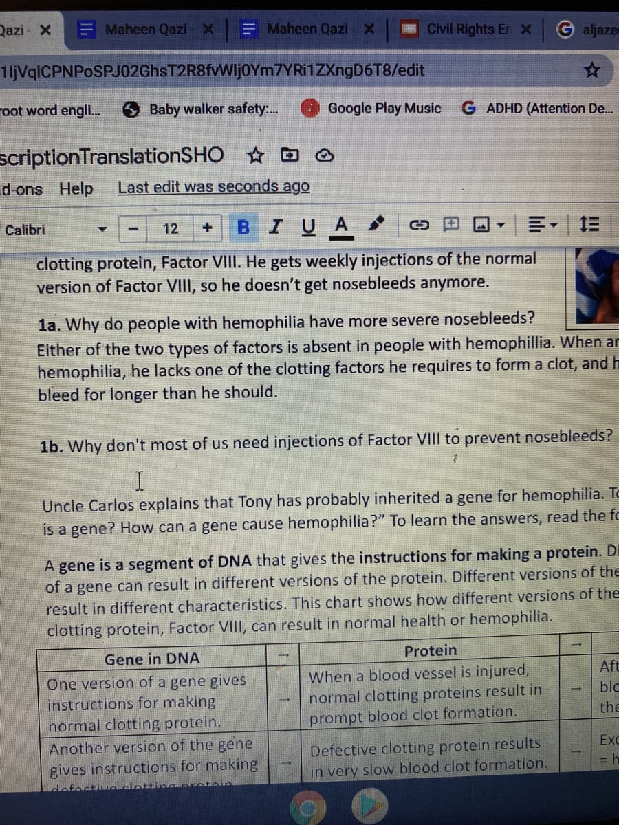 Qazi X
E Maheen Qazi X
Maheen QaziX
Civil Rights Er X
G aljaze-
1ljVqlCPNPoSPJ02GhsT2R8fvWlj0Ym7YRi1ZXngD6T8/edit
root word engli.
Baby walker safety...
Google Play Music
G ADHD (Attention De...
scriptionTranslationSHO G O
d-ons Help
Last edit was seconds ago
BIUA
川, 三
Calibri
12
clotting protein, Factor VIII. He gets weekly injections of the normal
version of Factor VIII, so he doesn't get nosebleeds anymore.
1a. Why do people with hemophilia have more severe nosebleeds?
Either of the two types of factors is absent in people with hemophillia. When ar
hemophilia, he lacks one of the clotting factors he requires to form a clot, and h
bleed for longer than he should.
1b. Why don't most of us need injections of Factor VIII to prevent nosebleeds?
Uncle Carlos explains that Tony has probably inherited a gene for hemophilia. To
is a gene? How can a gene cause hemophilia?" To learn the answers, read the fo
A gene is a segment of DNA that gives the instructions for making a protein. Di
of a gene can result in different versions of the protein. Different versions of the
result in different characteristics. This chart shows how different versions of the
clotting protein, Factor VII, can result in normal health or hemophilia.
Protein
Gene in DNA
Aft
One version of a gene gives
instructions for making
When a blood vessel is injured,
normal clotting proteins result in
prompt blood clot formation.
bla
the
normal clotting protein.
Exc
Defective clotting protein results
in very slow blood clot formation.
Another version of the gene
= h
gives instructions for making
ostive dettina.
