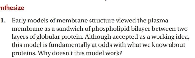 nthesize
1. Early models of membrane structure viewed the plasma
membrane as a sandwich of phospholipid bilayer between two
layers of globular protein. Although accepted as a working idea,
this model is fundamentally at odds with what we know about
proteins. Why doesn't this model work?
