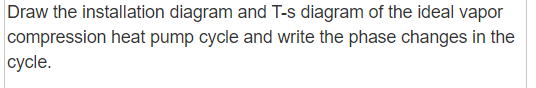 Draw the installation diagram and T-s diagram of the ideal vapor
compression heat pump cycle and write the phase changes in the
cycle.