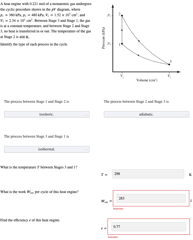 A heat engine with 0.221 mol of a monatomic gas undergoes
the cyclic procedure shown in the pV diagram, where
P₁ = 360 kPa, p2 = 480 kPa, V₁ = 1.52 x 10³ cm³, and
V₁ = 2.34 x 10³ cm³. Between Stage 3 and Stage 1, the gas
is at a constant temperature, and between Stage 2 and Stage
3, no heat is transferred in or out. The temperature of the gas
at Stage 2 is 400 K.
Identify the type of each process in the cycle.
The process between Stage 1 and Stage 2 is
isochoric.
The process between Stage 3 and Stage 1 is
isothermal.
What is the temperature 7 between Stages 3 and 1?
What is the work Wout per cycle of this heat engine?
Find the efficiency e of this heat engine.
Pressure (kPa)
P₁-
P₁-
T =
The process between Stage 2 and Stage 3 is
e =
Wout
298
283
Incorrect
0.77
Incorrect
Volume (cm³)
adiabatic.
K
J