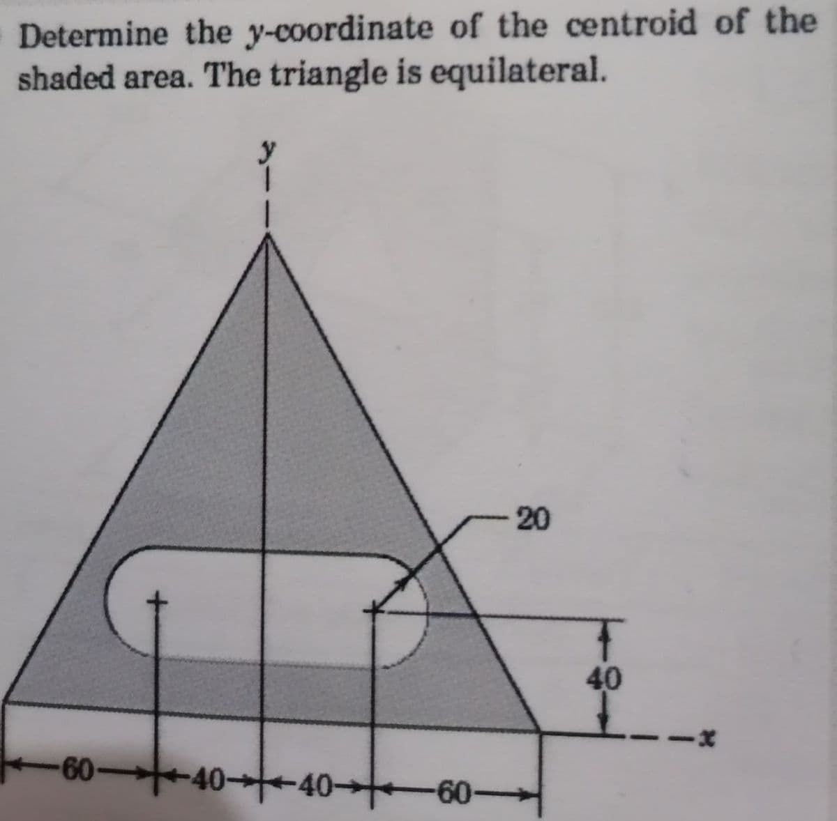 Determine the y-coordinate of the centroid of the
shaded area. The triangle is equilateral.
-20
40
60>
-40-40 60-
-60>
