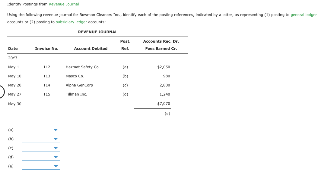 Identify Postings from Revenue Journal
Using the following revenue journal for Bowman Cleaners Inc., identify each of the posting references, indicated by a letter, as representing (1) posting to general ledger
accounts or (2) posting to subsidiary ledger accounts:
REVENUE JOURNAL
Post.
Accounts Rec. Dr.
Date
Invoice No.
Account Debited
Ref.
Fees Earned Cr.
20Υ3
(a)
May 1
112
Hazmat Safety Co.
$2,050
Masco Co.
May 10
113
(b)
980
Alpha GenCorp
May 20
114
(c)
2,800
May 27
115
Tillman Inc.
(d)
1,240
$7,070
May 30
(e)
(a)
(b)
(c)
(d)
(e)
