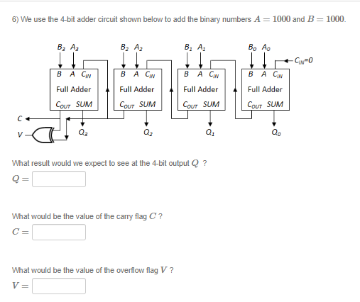 6) We use the 4-bit adder circuit shown below to add the binary numbers A = 1000 and B = 1000.
V
B3 A3
B A CIN
Full Adder
COUT SUM
B₂ A₂
B A CIN
Full Adder
COUT SUM
Q₂
What would be the value of the carry flag C?
C =
B₁ A₂
What would be the value of the overflow flag V?
V=
BACIN
Full Adder
COUT SUM
What result would we expect to see at the 4-bit output Q ?
Q:
Q₂
Bo Ao
B A CIN
Full Adder
COUT SUM
Q₂
-CIN=0