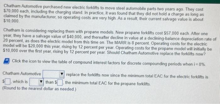 Chatham Automotive purchased new electric forklifts to move steel automobile parts two years ago. They cost
$70,000 each, including the charging stand. In practice, it was found that they did not hold a charge as long as
claimed by the manufacturer, so operating costs are very high. As a result, their current salvage value is about
$10,000
Chatham is considering replacing them with propane models. New propane forklifts cost $57,000 each. After one
year, they have a salvage value of $40,000, and thereafter decline in value at a declining-balance depreciation rate of
20 percent, as does the electric model from this time on. The MARR is 8 percent. Operating costs for the electric
model will be $20,000 this year, rising by 12 percent per year. Operating costs for the propane model will initially be
$10,000 over the first year, rising by 12 percent per year. Should Chatham Automotive replace the forklifts now?
Click the icon to view the table of compound interest factors for discrete compounding periods when i = 8%
Chatham Automotive
$. which is
(Round to the nearest dollar as needed.)
replace the forklifts now since the minimum total EAC for the electric forklifts is
than S, the minimum total EAC for the propane forklifts