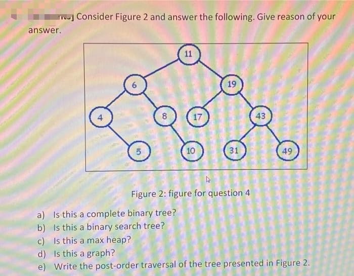 Consider Figure 2 and answer the following. Give reason of your
answer.
11
19
4
8
17
43
10
31
49
Figure 2: figure for question 4
a) Is this a complete binary tree?
b) Is this a binary search tree?
c) Is this a max heap?
d) Is this a graph?
e) Write the post-order traversal of the tree presented in Figure 2.
00
