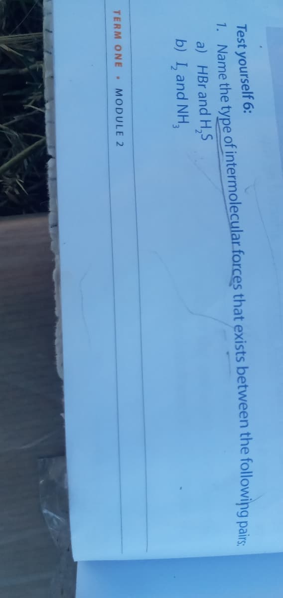 Test yourself 6:
1. Name the type of intermolecular forces that exists between the following pairs
a) HBr and H,S
b) I and NH,
TERM ONE•
MODULE 2
