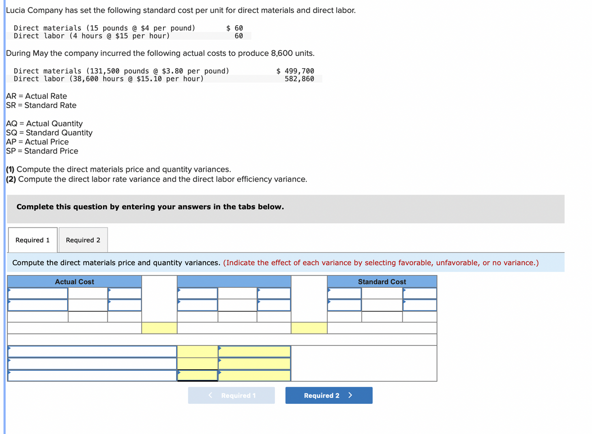 Lucia Company has set the following standard cost per unit for direct materials and direct labor.
$ 60
Direct materials (15 pounds @ $4 per pound)
Direct labor (4 hours @ $15 per hour)
60
During May the company incurred the following actual costs to produce 8,600 units.
Direct materials (131,500 pounds @ $3.80 per pound)
Direct labor (38,600 hours @ $15.10 per hour)
AR = Actual Rate
SR Standard Rate
AQ = Actual Quantity
SQ = Standard Quantity
AP = Actual Price
SP Standard Price
(1) Compute the direct materials price and quantity variances.
(2) Compute the direct labor rate variance and the direct labor efficiency variance.
Complete this question by entering your answers in the tabs below.
Required 1 Required 2
$ 499,700
582,860
Compute the direct materials price and quantity variances. (Indicate the effect of each variance by selecting favorable, unfavorable, or no variance.)
Actual Cost
< Required 1
Required 2 >
Standard Cost