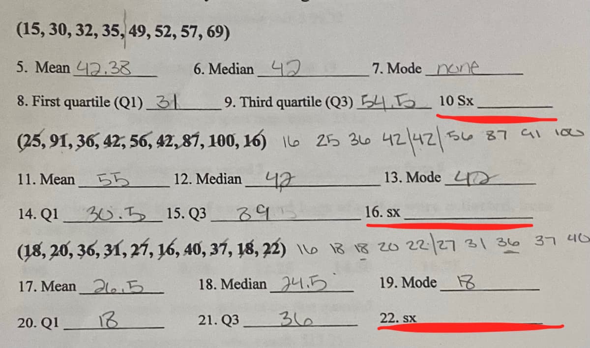 (15, 30, 32, 35, 49, 52, 57, 69)
5. Mean 442.38
6. Median42
7. Mode none
8. First quartile (Q1)_31
9. Third quartile (Q3) 54.55 10 Sx
(25, 91, 36, 42, 56, 42,87, 100, 16) lo 25 36 421421
56 87 G1 10s
55
12. Median42
13. Mode 4
11. Mean
14. Q130.5 15. Q3
395
16. sx
(18, 20, 36, 31, 2í, 16, 40, 37, 18, 22) lo 18 18 20 22/2731 36 37 4Q
17. Mean2 5
18. Median 4.5
19. Mode
20. Q1
13
21. Q3
36
22. sx
