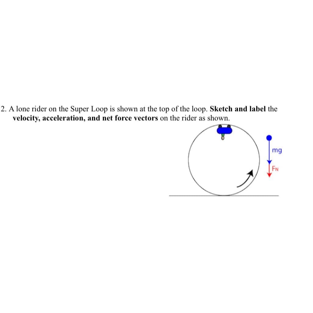 2. A lone rider on the Super Loop is shown at the top of the loop. Sketch and label the
velocity, acceleration, and net force vectors on the rider as shown.
mg
FN