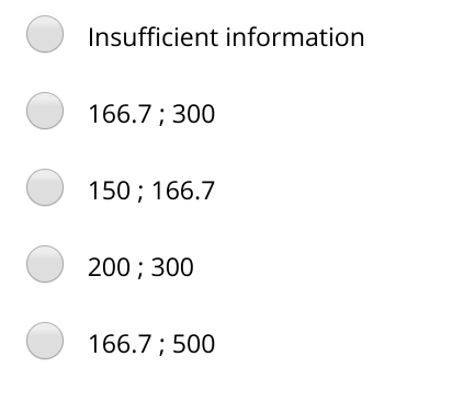 Insufficient information
166.7; 300
150 ; 166.7
200 ; 300
166.7 ; 500
