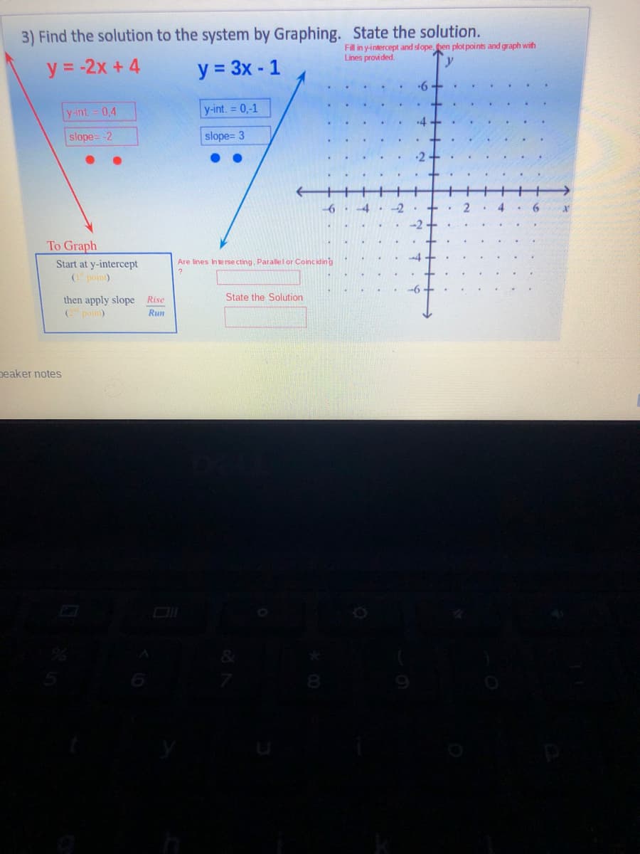 3) Find the solution to the system by Graphing. State the solution.
Fil in yintercept and slope, hen plot points and graph with
Lines provided.
y
y = -2x + 4
y = 3x - 1
6 +
y-int 0,4
y-int. 0,-1
4
slope= -2
slope= 3
4.
To Graph
Start at y-intercept
Are lines Inte rse cting, Parallel or Coinciding
(point)
State the Solution
then apply slope Rise
( poin)
Run
peaker notes
