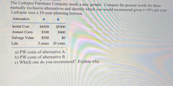 The Larkspur Furniture Company needs a new grinder. Compute the present worth for these
mutually exclusive alternatives and identify which you would recommend given i-10% per year.
Larkspur uses a 10-year planning horizon.
Alternati ve
A
B
Initial Cost
$4500
$5500
Annual Costs
$300
$400
$0
5 years 10 years
Salvage Value
$500
Life
a) PW costs of alternative A
b) PW costs of alternative B
c) Which one do you recommend? Explain why.
