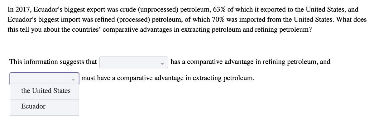 In 2017, Ecuador's biggest export was crude (unprocessed) petroleum, 63% of which it exported to the United States, and
Ecuador's biggest import was refined (processed) petroleum, of which 70% was imported from the United States. What does
this tell you about the countries' comparative advantages in extracting petroleum and refining petroleum?
This information suggests that
has a comparative advantage in refining petroleum, and
must have a comparative advantage in extracting petroleum.
the United States
Ecuador
