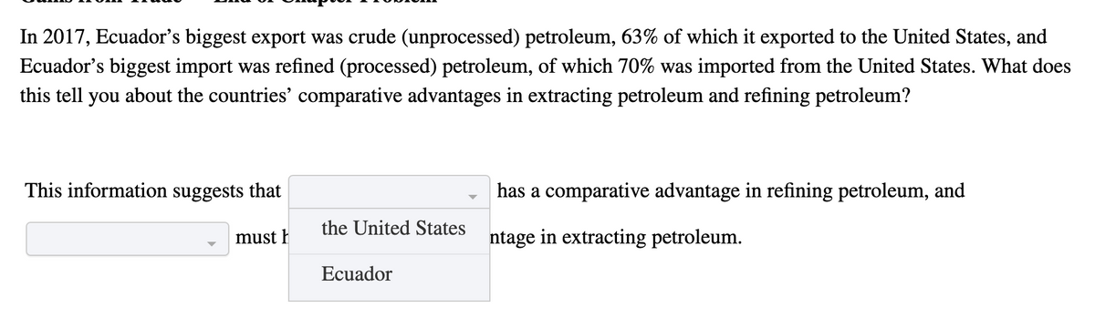 In 2017, Ecuador's biggest export was crude (unprocessed) petroleum, 63% of which it exported to the United States, and
Ecuador's biggest import was refined (processed) petroleum, of which 70% was imported from the United States. What does
this tell you about the countries' comparative advantages in extracting petroleum and refining petroleum?
This information suggests that
has a comparative advantage in refining petroleum, and
the United States
must I
ntage in extracting petroleum.
Ecuador
