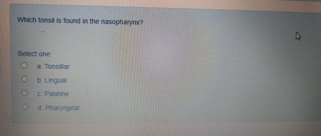 Which tonsil is found in the nasopharynx?
Select one:
a: Tonsillar
b. Lingual
C. Palatine
d. Pharyngeal
