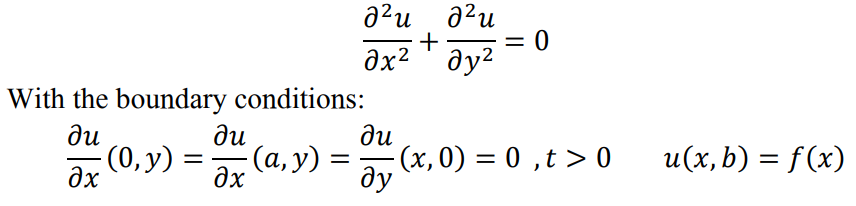 With the boundary conditions:
ди
дх
- (0,y)
=
ди
- (a, y)
дги аги
+
дх2' дуг
дх
= 0
ди
(x, 0) = 0 , t > 0 u(x,b) = f (x)
ду
==