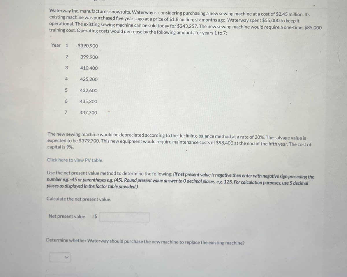 Waterway Inc. manufactures snowsuits. Waterway is considering purchasing a new sewing machine at a cost of $2.45 million. Its
existing machine was purchased five years ago at a price of $1.8 million; six months ago, Waterway spent $55,000 to keep it
operational. The existing sewing machine can be sold today for $243,257. The new sewing machine would require a one-time, $85,000
training cost. Operating costs would decrease by the following amounts for years 1 to 7:
Year 1
$390,900
2
399,900
3
410,400
4
425,200
5
432,600
435,300
7
437,700
The new sewing machine would be depreciated according to the declining-balance method at a rate of 20%. The salvage value is
expected to be $379,700. This new equipment would require maintenance costs of $98,400 at the end of the fifth year. The cost of
capital is 9%.
Click here to view PV table.
Use the net present value method to determine the following: (If net present value is negative then enter with negative sign preceding the
number e.g. -45 or parentheses e.g. (45). Round present value answer to O decimal places, e.g. 125. For calculation purposes, use 5 decimal
places as displayed in the factor table provided.)
Calculate the net present value.
Net present value
:$
Determine whether Waterway should purchase the new machine to replace the existing machine?