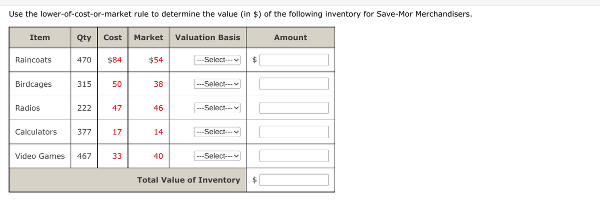 Use the lower-of-cost-or-market rule to determine the value (in $) of the following inventory for Save-Mor Merchandisers.
Item
Qty
Cost
Market
Valuation Basis
Amount
Raincoats
470
$84
$54
---Select--- v
$
Birdcages
315
50
38
---Select--- ♥
Radios
222
47
46
---Select--- ♥
Calculators
377
17
14
---Select--- v
Video Games
467
33
40
---Select--- v
Total Value of Inventory
$
